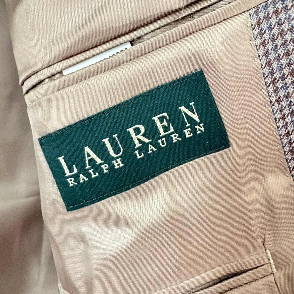 Lauren‎ Ralph Lauren Mens Houndstooth Blazer Tan Brown Blue Sport Coat 2 Button